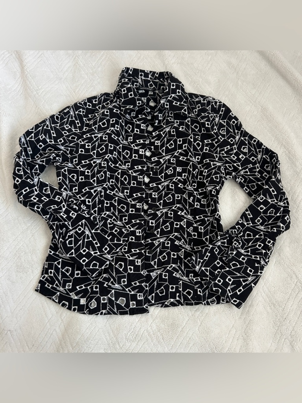 Samuel Dong Black Top with White Geometric Embroidery in M